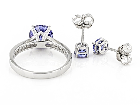 Blue And White Cubic Zirconia Rhodium Over Sterling Silver Jewelry Set 4.72ctw