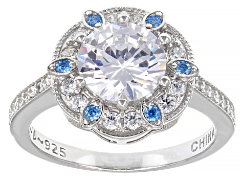 Blue and White Cubic Zirconia Rhodium Over Sterling Silver Ring 3.75ctw