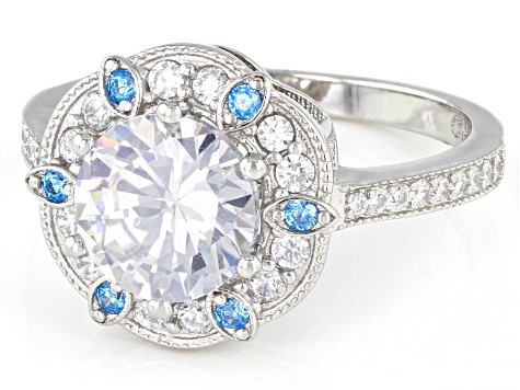 Blue and White Cubic Zirconia Rhodium Over Sterling Silver Ring 3.75ctw