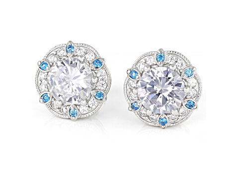 Blue And White Cubic Zirconia Rhodium Over Sterling Silver Studs 7.20ctw