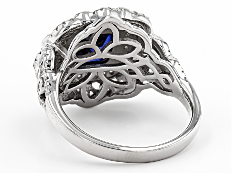 Lab Created Blue Sapphire And White Cubic Zirconia Platinum Over Sterling Silver Ring 3.19ctw