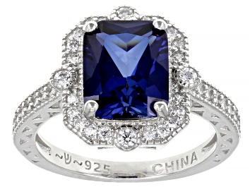 Picture of Lab Created Blue Sapphire And White Cubic Zirconia Platinum Over Sterling Silver Ring 4.21ctw
