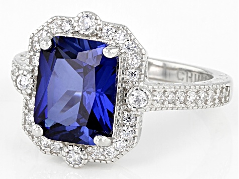 Lab Created Blue Sapphire And White Cubic Zirconia Platinum Over Sterling Silver Ring 4.21ctw