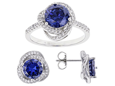Blue And White Cubic Zirconia Rhodium Over Sterling Silver Jewelry Set ...