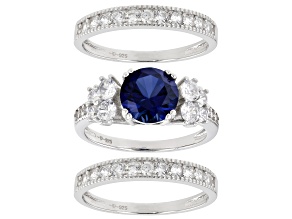 Lab Created Blue Sapphire And White Cubic Zirconia Rhodium Over Sterling Silver 3 Ring Set 5.01ctw