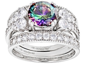 Multi-Color And White Cubic Zirconia Rhodium Over Sterling Silver 3 Ring Set 5.01ctw