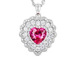 Lab Created Ruby And White Cubic Zirconia Rhodium Over Silver Heart Pendant 4.35ctw