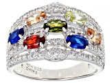 Lab Created Blue Spinel, White, Red, Brown, And Green Cubic Zirconia Rhodium Over Silver Ring