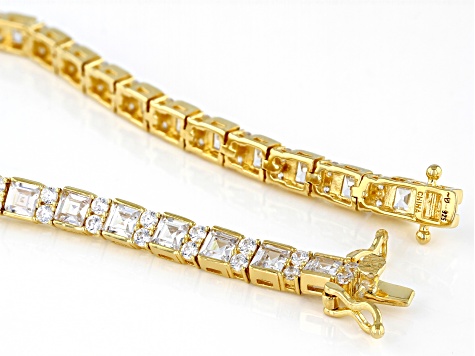 White Cubic Zirconia 18k Yellow Gold Over Sterling Silver Asscher Cut Tennis Bracelet 13.44ctw