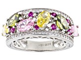 Multi-Gem Simulants Rhodium Over Sterling Silver Ring 4.14ctw
