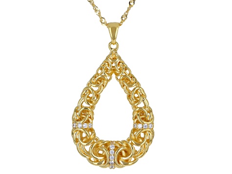 White Cubic Zirconia 18k Yellow Gold Over Sterling Silver Byzantine Pendant With Chain 0.17ctw