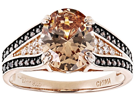 Champagne, Mocha, And White Cubic Zirconia Black Rhodium And 18k Rose Gold Over Sterling Silver Ring