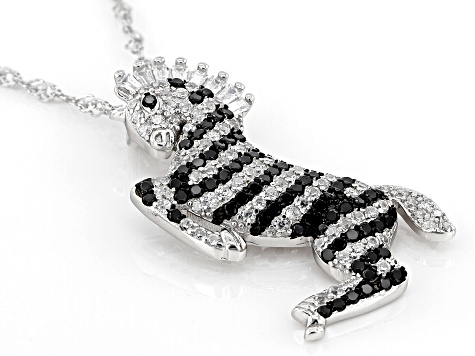 Black Spinel and White Cubic Zirconia Rhodium Over Sterling Silver Zebra Pendant 1.61ctw