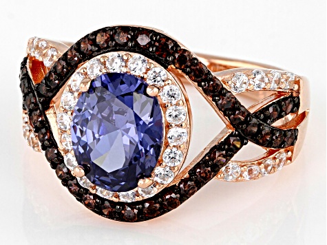 Blue, Mocha, and White Cubic Zirconia 18k Rose Gold Over Sterling Silver Ring 4.46ctw