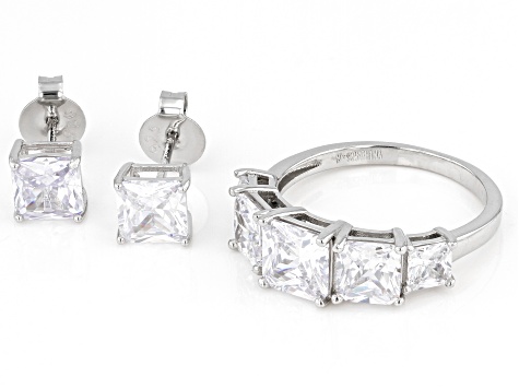 White Cubic Zirconia Platinum Over Sterling Silver Ring And Earrings Set 7.65ctw