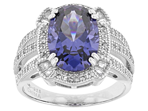 Blue And White Cubic Zirconia Rhodium Over Sterling Silver Ring 7.41ctw