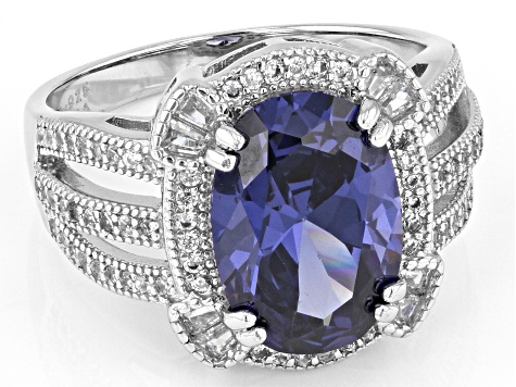 Blue And White Cubic Zirconia Rhodium Over Sterling Silver Ring 7.41ctw