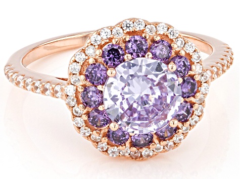Lavender, Purple And White Cubic Zirconia 18k Rose Gold Over Sterling Silver Ring 3.10ctw