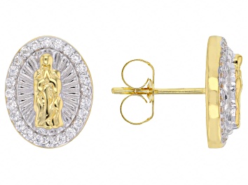 Picture of White Cubic Zirconia 18k Yellow Gold And Rhodium Over Silver Virgin Mary Earrings 0.58ctw