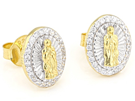 White Cubic Zirconia 18k Yellow Gold And Rhodium Over Silver Virgin Mary Earrings 0.58ctw