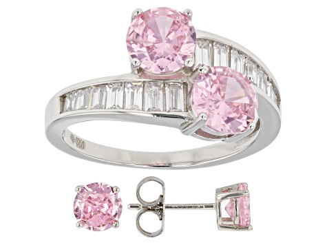 Pink And White Cubic Zirconia Platinum Over Sterling Silver Jewelry Set 6.17ctw