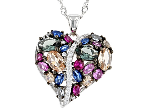 Multi-Gemstone Simulants Rhodium Over Sterling Silver Heart Pendant With Chain 4.10crw