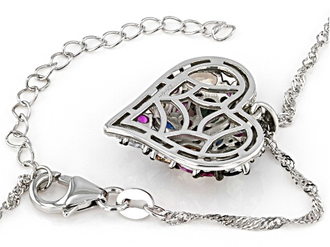 Multi-Gemstone Simulants Rhodium Over Sterling Silver Heart Pendant With Chain 4.10crw