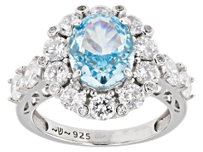 Blue And White Cubic Zirconia Rhodium Over Sterling Silver Fire Cut Ring 7.22ctw