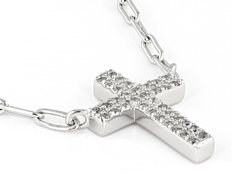 White Cubic Zirconia Platinum Over Sterling Silver Paperclip Cross Necklace 0.32ctw
