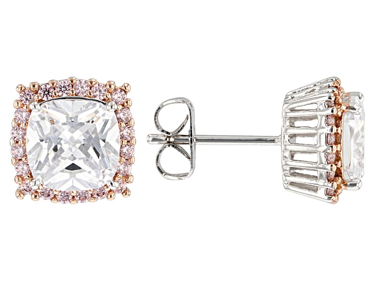White And Pink Cubic Zirconia Rhodium Over Bronze Stud Earrings