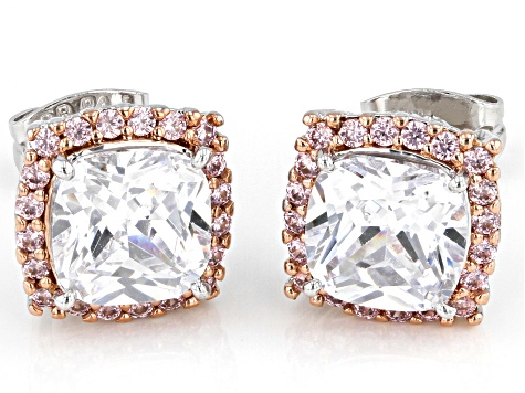 White And Pink Cubic Zirconia Rhodium Over Bronze Stud Earrings