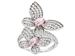 Pink And White Cubic Zirconia Rhodium Over Sterling Silver Butterfly Ring 2.71ctw