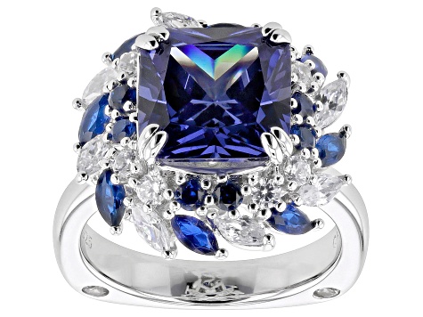 Blue And White Cubic Zirconia with Lab Created Blue Spinel Rhodium Over Silver Ring 10.18ctw