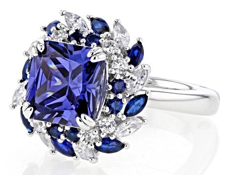 Blue And White Cubic Zirconia with Lab Created Blue Spinel Rhodium Over Silver Ring 10.18ctw