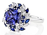 Blue And White Cubic Zirconia with Lab Created Blue Spinel Rhodium Over Silver Ring 10.18ctw