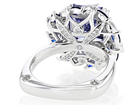 Blue And White Cubic Zirconia with Lab Created Blue Spinel Rhodium Over Silver Ring 10.18ctw