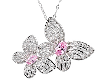 Picture of Pink And White Cubic Zirconia Rhodium Over Sterling Silver Butterfly Pendant With Chain 2.23ctw