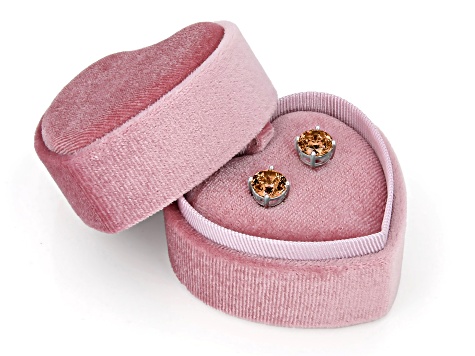 Champagne Cubic Zirconia Platinum Over Sterling Silver Stud Earrings in Velvet Heart Box 4.00ctw