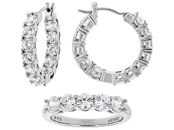 White Cubic Zirconia Platinum Over Sterling Silver Ring And Hoop Set in Light Up Heart Box 3.65ctw