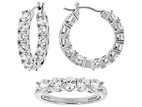 White Cubic Zirconia Platinum Over Sterling Silver Ring And Hoop Set in Light Up Heart Box 3.65ctw