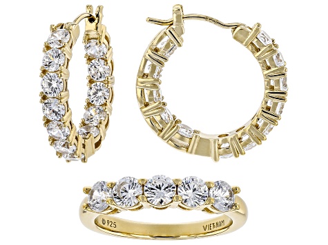 White Cubic Zirconia 18k Yellow Gold Over Silver Ring And Hoop Set in Light Up Heart Box 3.65ctw