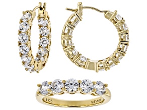 White Cubic Zirconia 18k Yellow Gold Over Silver Ring And Hoop Set in Light Up Heart Box 3.65ctw