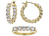 White Cubic Zirconia 18k Yellow Gold Over Silver Ring And Hoop Set in Light Up Heart Box 3.65ctw