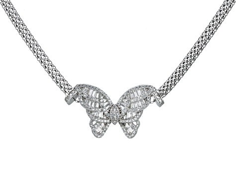 White Cubic Zirconia Rhodium Over Sterling Silver Butterfly Mesh Link Necklace 3.21ctw