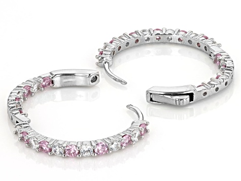 Pink And White Cubic Zirconia Rhodium Over Sterling Silver Hoops 4.58ctw