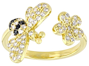 Picture of White and Black Cubic Zirconia 18k Yellow Gold Over Silver Bee Ring 0.65ctw