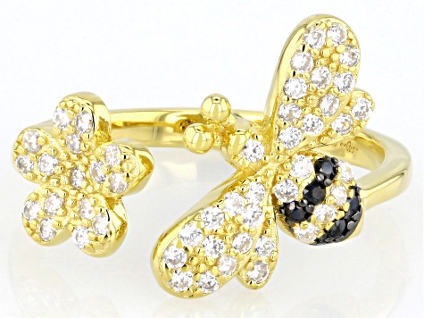 White and Black Cubic Zirconia 18k Yellow Gold Over Silver Bee Ring 0.65ctw