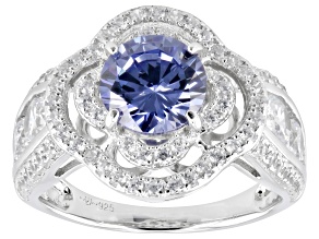 Blue And White Cubic Zirconia Rhodium Over Sterling Silver Ring 4.85ctw