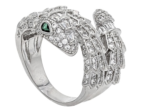 Green Lab Spinel And White Cubic Zirconia Rhodium Over Brass Snake Ring 2.06ctw
