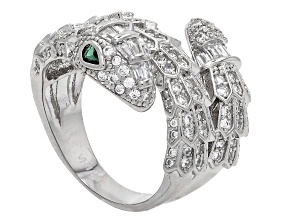 Green Lab Spinel And White Cubic Zirconia Rhodium Over Brass Snake Ring 2.06ctw